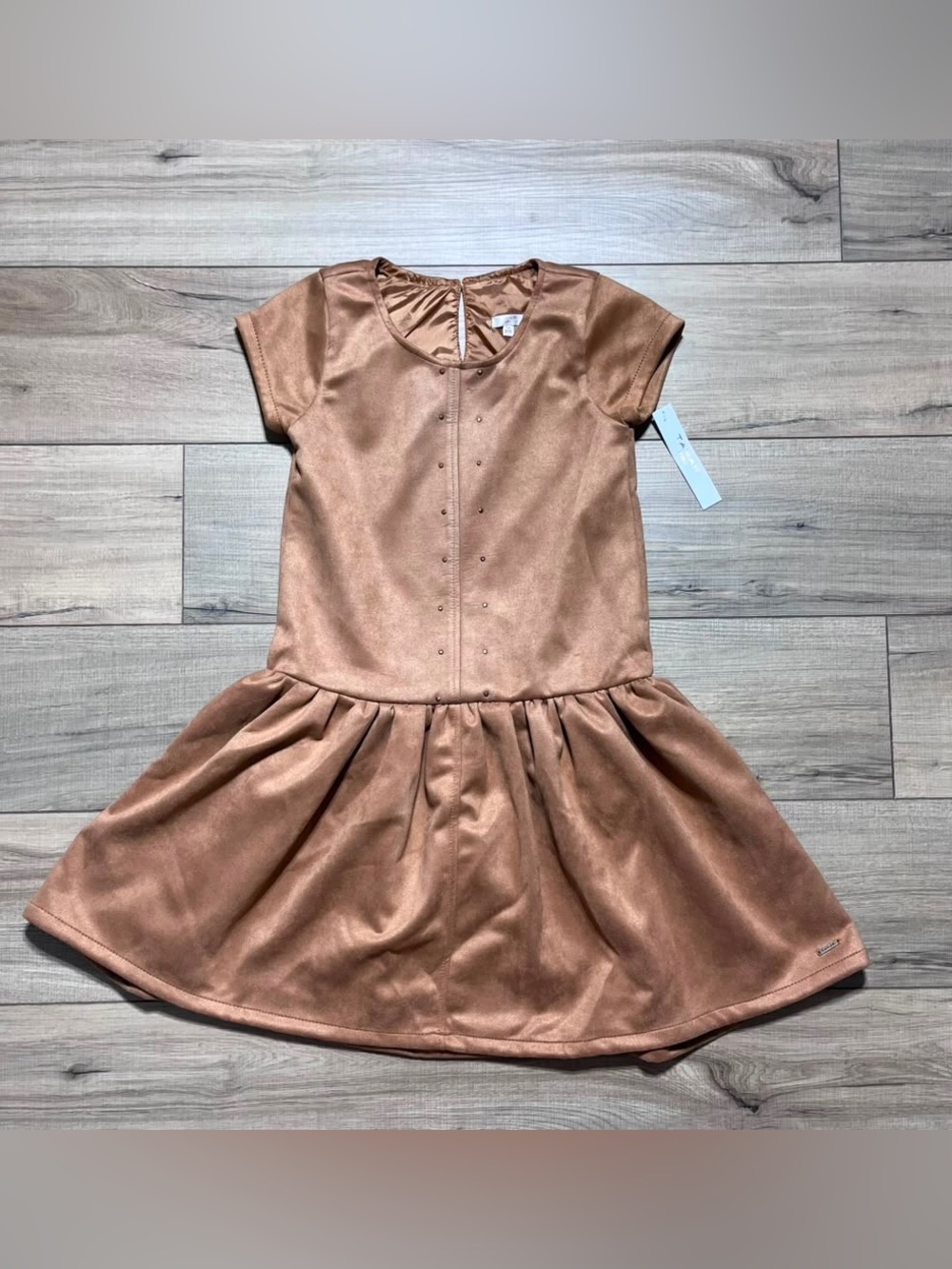 Tahari Girl Faux Suede Lined Short Sleeve Dress With Rhinestones Size 12 Tan